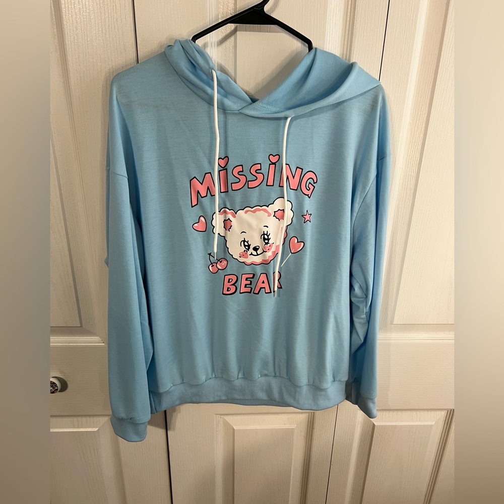 Romwe Missing Bear light blue hoodie size large